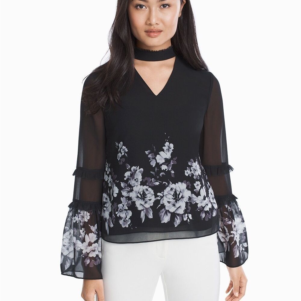 WHBM Black White Floral Choker Flowy Blouse Size 8